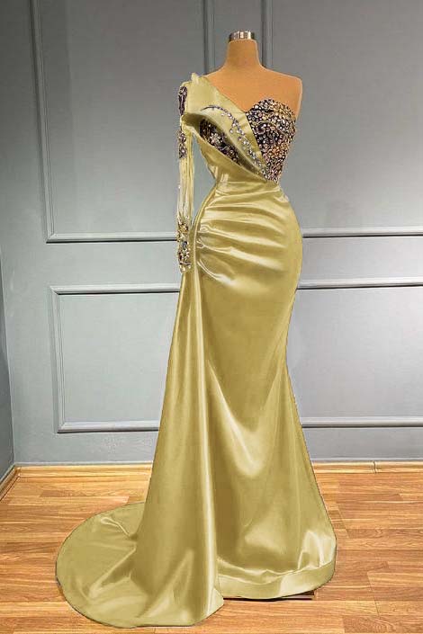 Dark Blue Long Sleeve One Shoulder Pleated Mermaid Prom Dress With Beadings BMBRIDE