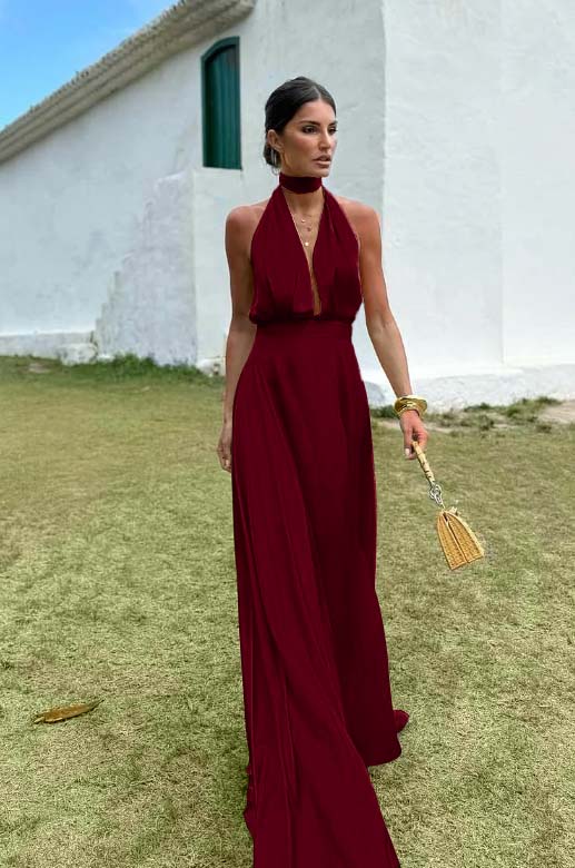 Charming Sleeveless Halter V Neck Long Prom Dress With Pleated BMBRIDE