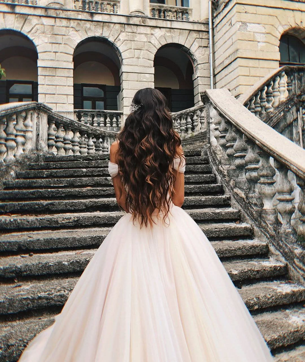 Tulle Off-the-Shoulder A-Line Long Wedding Dress with Chapel Train BM bride