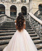 Tulle Off-the-Shoulder A-Line Long Wedding Dress with Chapel Train BM bride