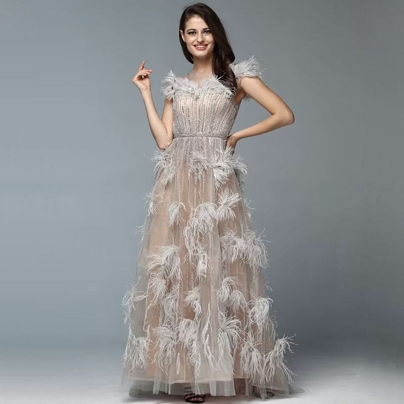 Feather Sequins Applique Prom Dress, A-Line Tulle BM bride