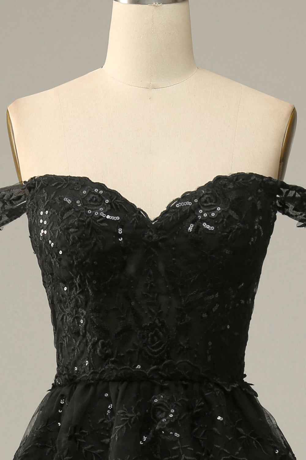 A Line Off the Shoulder Black Corset Prom Dress with Lace Ruffles