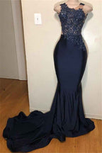 Dark Blue Jewel High Waist Mermaid Long Prom Dress Sleeveless With Appliques