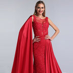 Charming Red Lace Printed A-Line Long Prom Dress with Trail BM bride