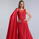 Charming Red Lace Printed A-Line Long Prom Dress with Trail BM bride