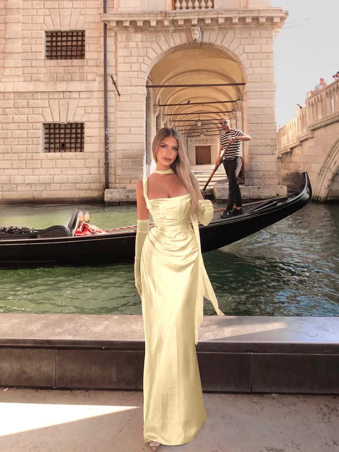 Spaghetti Strap Sleeveless Long Mermaid Prom Dress With Gloves BMBRIDE