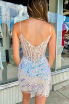 Glitter Lilac Corset Sequins Tight Short Homecoming Dress with Appliques Bmbride
