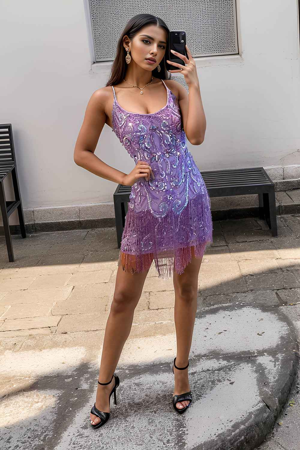 Sparkly Purple Sequins Spaghetti Straps Short Homecoming Dress with Fringes Bmbride