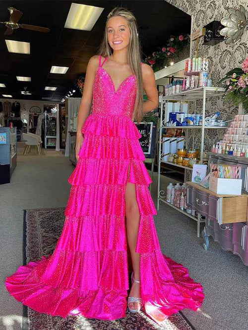 Glitter Fuchsia A-Line Spaghetti Ruffled Long Prom Dress with Slit BMBRIDE