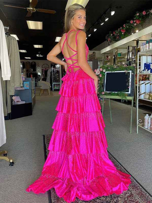 Glitter Fuchsia A-Line Spaghetti Ruffled Long Prom Dress with Slit BMBRIDE