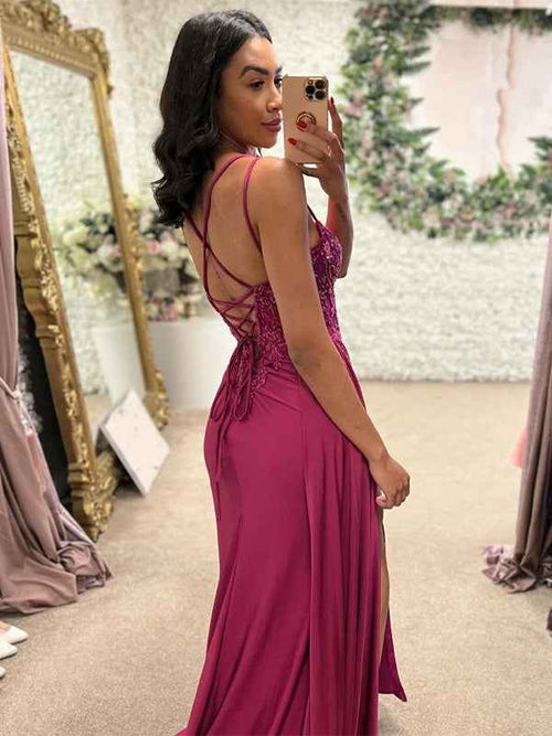 Fuchsia Mermaid Spaghetti Straps Long Prom Dress with Appliques BMBRIDE