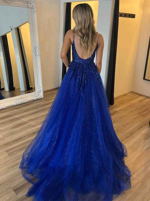 Royal Blue A-Line Spaghetti Straps Applique Prom Dress with Slit BMBRIDE