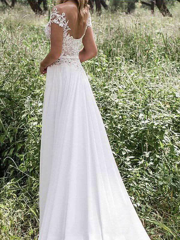 Short Sleeve Lace Wedding Dress with Slit BM bride
