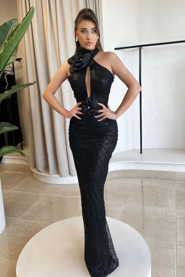 Glamorous Black Slimming Prom Dress Halter Mermaid Dress with Flower BM bride