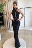 Glamorous Black Slimming Prom Dress Halter Mermaid Dress with Flower BM bride
