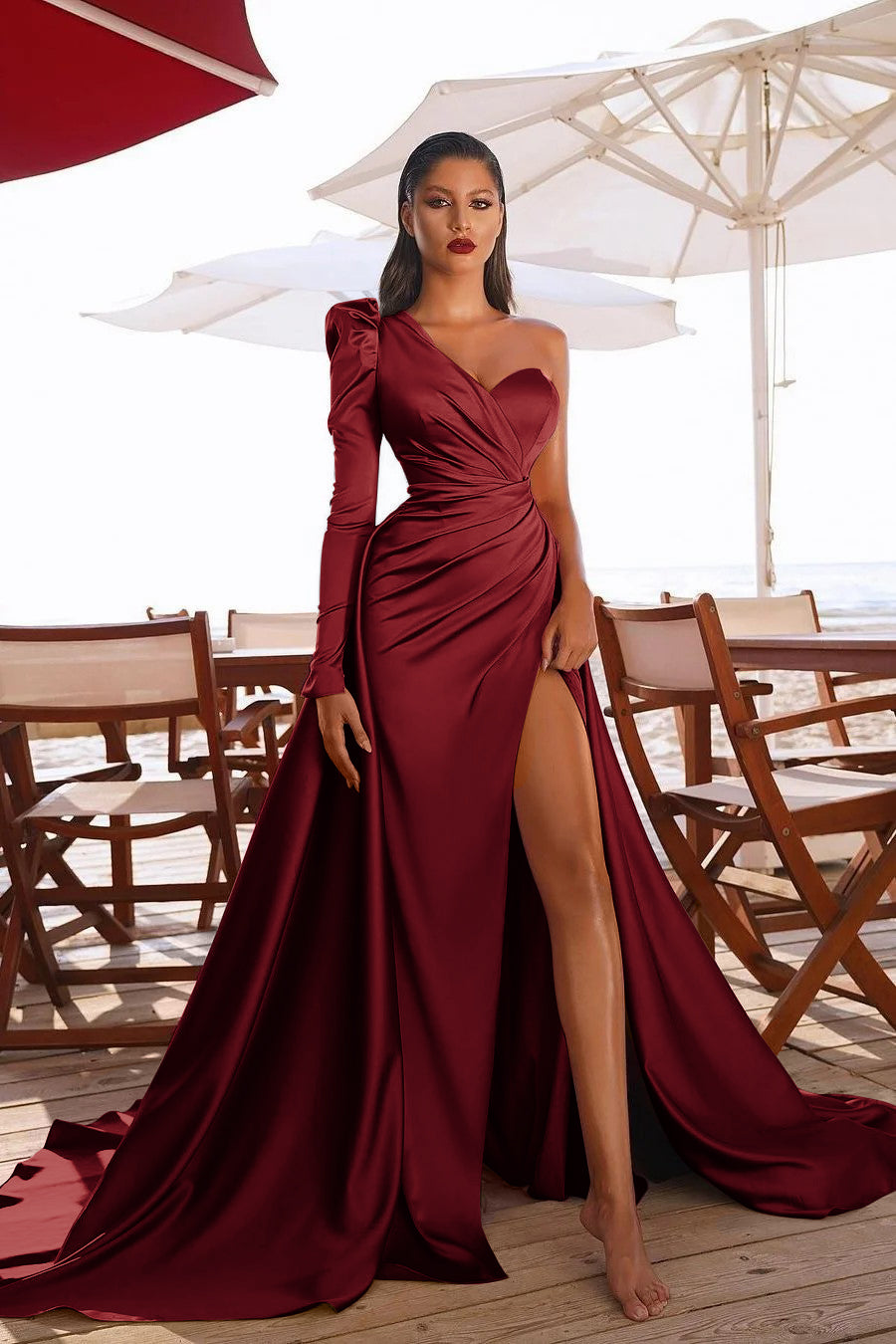 Glamorous One Shoulder Long Sleeve Long Pleated Prom Dress With High Split BMBRIDE