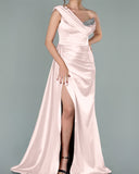 Burgundy Elegant One-Shoulder V-Neck Mermaid Prom Dress with Split and Sequins BM bride