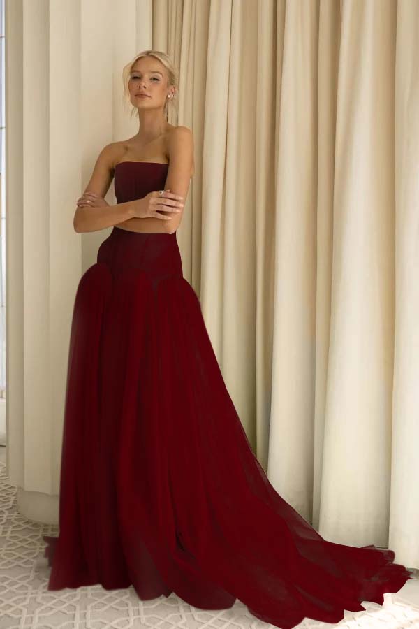 Charming Tulle Strapless Sleeveless Long Prom Dress With Pleated BMBRIDE