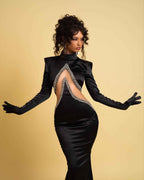 Black Elegant High Neck Beaded Long Sleeves Mermaid Graduation Prom Dress