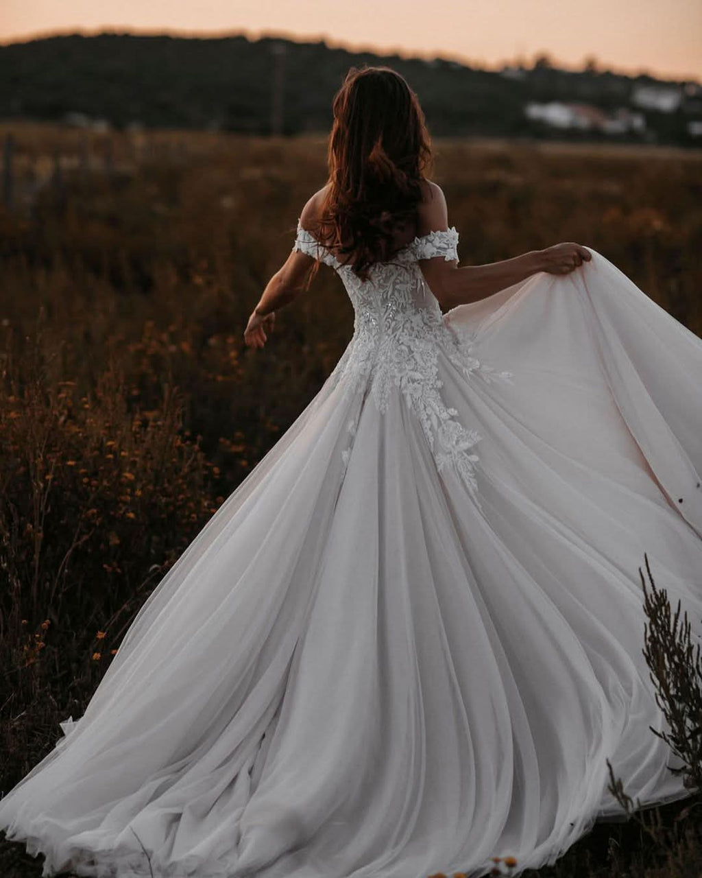 A-Line Off-the-Shoulder Tulle Wedding Dress with Lace Appliques BM bride