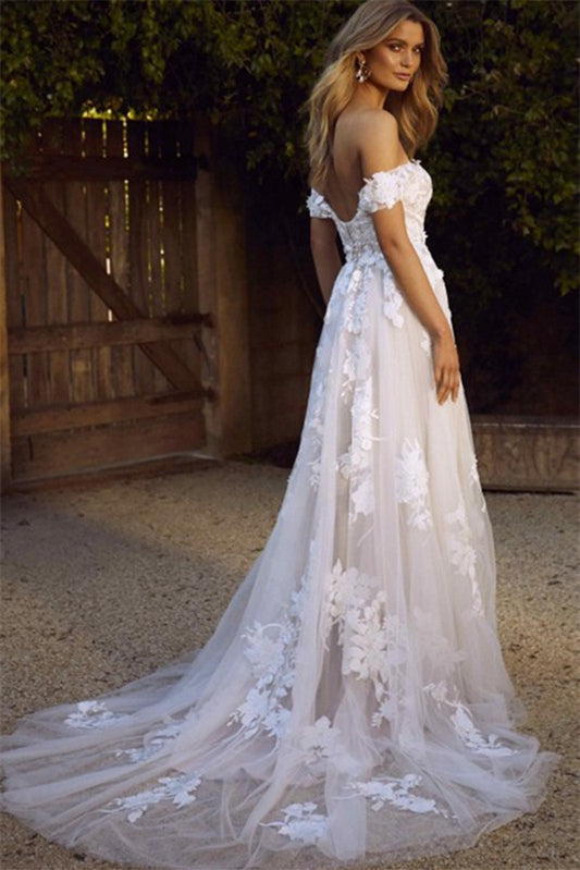 Off-the-Shoulder Tulle A-Line Wedding Dress with Lace Appliques BM bride