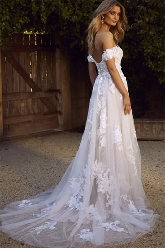Off-the-Shoulder Tulle A-Line Wedding Dress with Lace Appliques BM bride