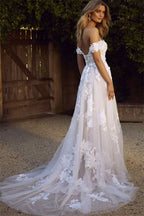 Off-the-Shoulder Tulle A-Line Wedding Dress with Lace Appliques BM bride