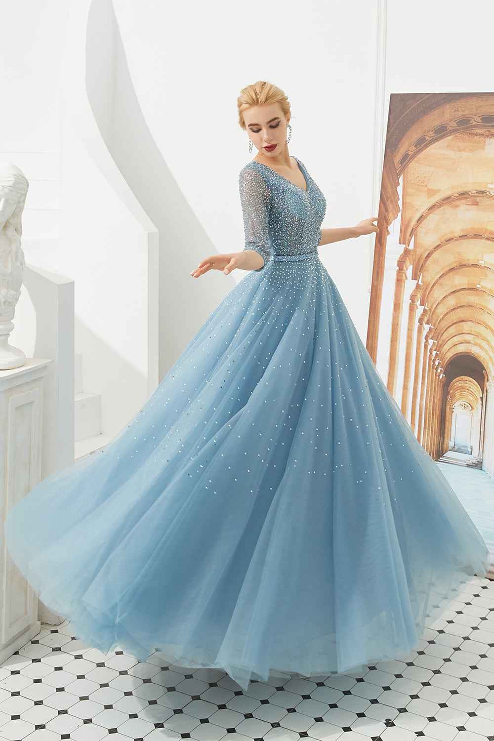 V Neck Dusty Blue Half Sleeves Prom Dress With Beading Lace up