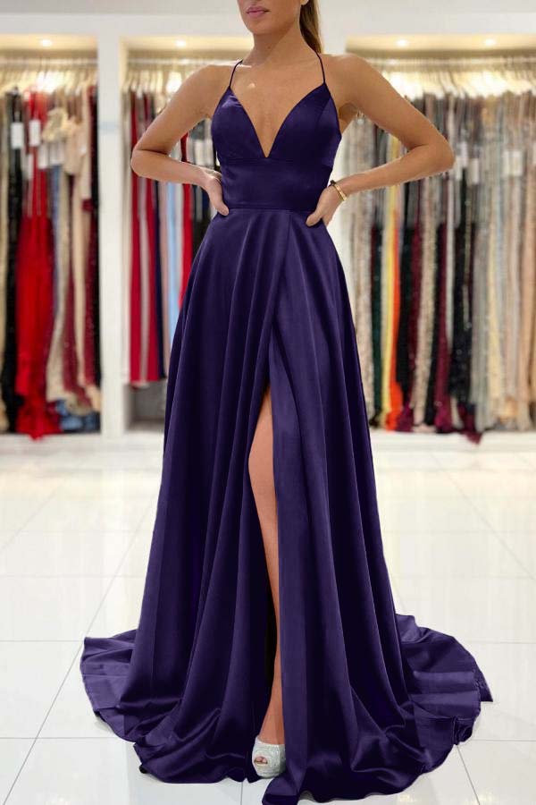 Stunning Royal Blue Modern Sleeveless V Neck Prom Dress With Front Split