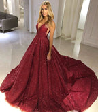 Burgundy Sequins Sleeveless Evening Dress BM bride