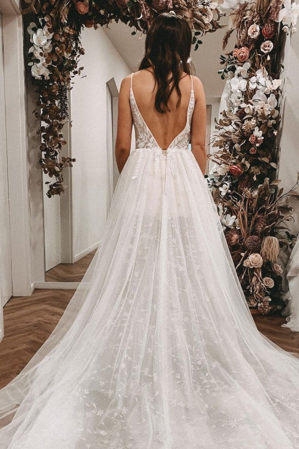 Long A-line V-neck Wedding Dress Open Back With Slit Lace Tulle BM bride