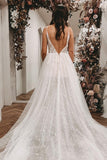 Long A-line V-neck Wedding Dress Open Back With Slit Lace Tulle BM bride