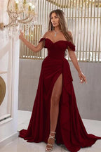 Elegant Sky Blue Off-The-Shoulder Sweetheart Prom Dress with Split Mermaid BM bride