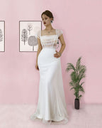 Elegant Long White Spaghetti-Strap Sleeveless Tulle Prom Dress BM bride