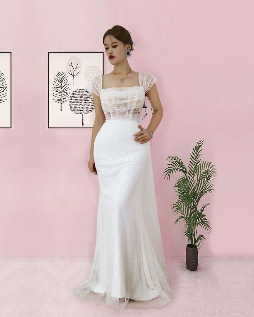 Elegant Long White Spaghetti-Strap Sleeveless Tulle Prom Dress BM bride
