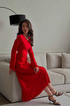 Chic Red Jewel Long Sleeves Belt Long Prom Dress With Pleated
