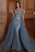 Off the Shoulder Mermaid Prom Dress Tulle Ruffles With Appliques