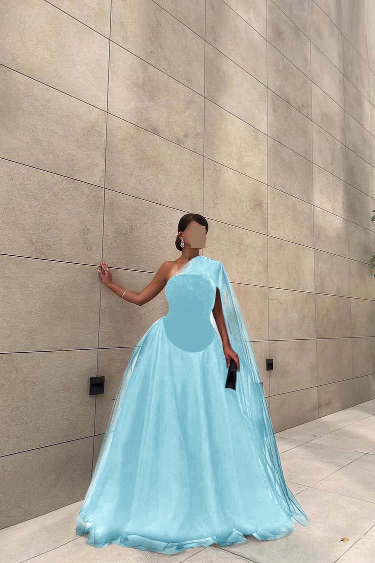 Chic Black Tulle One Shoulder Sleeveless Ball Gown Long Prom Dress BMBRIDE