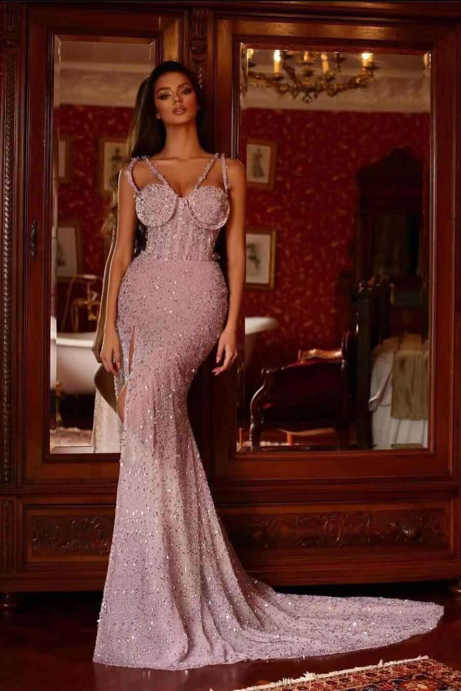 Pink Purple Beadings Gorgeous Prom Dress Split Mermaid Long With Sequins
