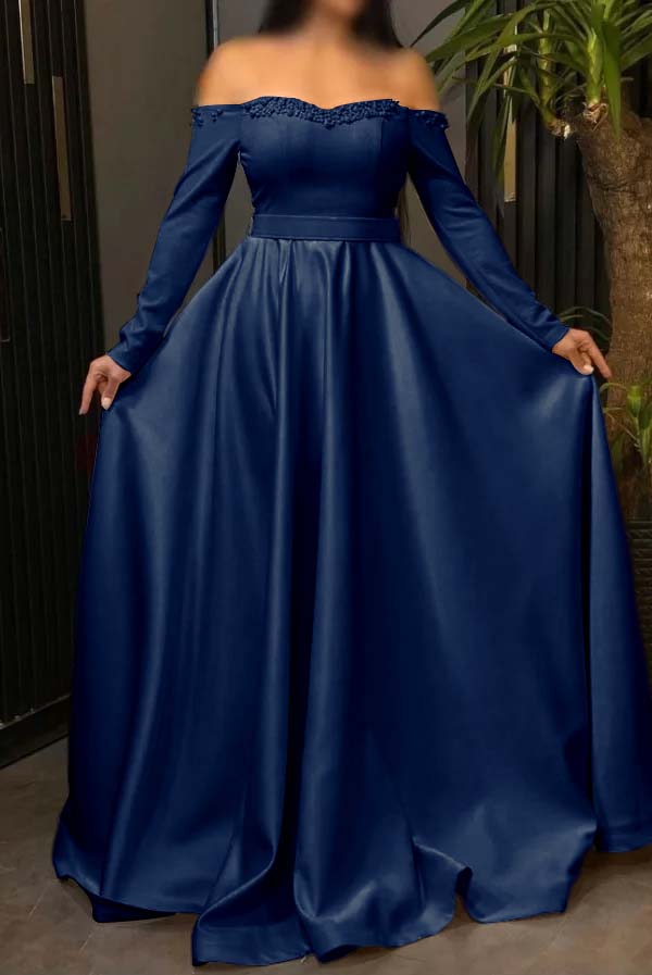 Off the Shoulder Long Sleeves Long Prom Dress With Pleated Beading BMBRIDE