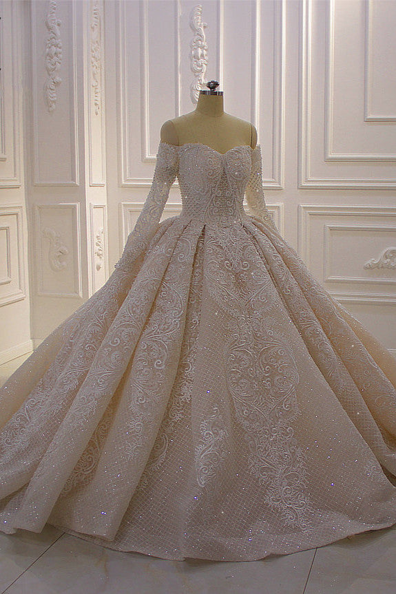 Off-the-Shoulder Long Sleeve Ball Gown Wedding Dress with Lace Appliques BM bride