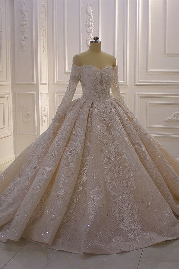 Off-the-Shoulder Long Sleeve Ball Gown Wedding Dress with Lace Appliques BM bride
