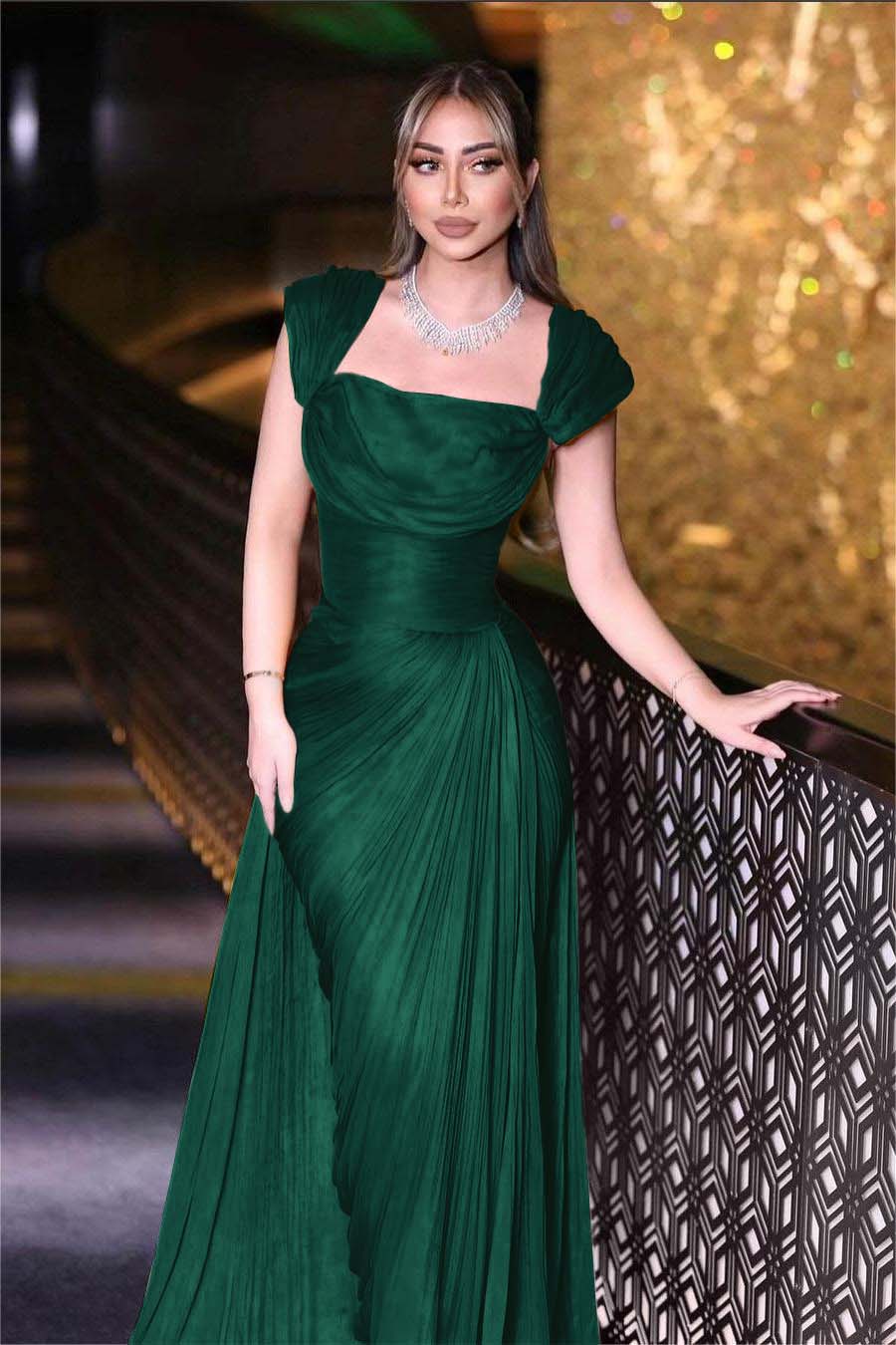 Daffodils Square Neck Sleeveless High Waist Long Pleated Prom Dress With Split BMBRIDE