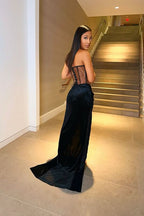 Black Strapless Mermaid Evening Dress with Long Slit and Pleats BM bride