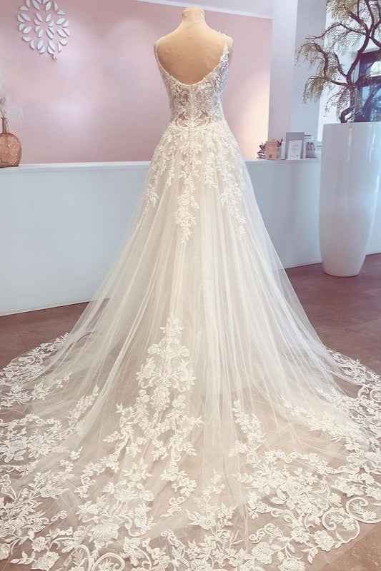 Spaghetti Strap Backless A-Line Wedding Dress with Train and Lace Appliques BM bride