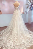 Spaghetti Strap Backless A-Line Wedding Dress with Train and Lace Appliques BM bride