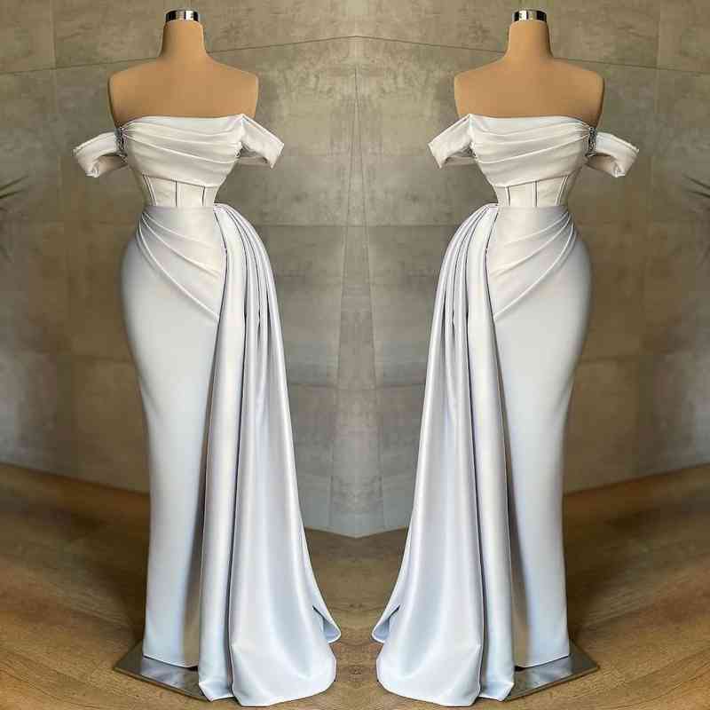 Stunning White Strapless Mermaid Pleated Long Prom Dress Off the Shoulder BMBRIDE