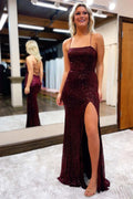 Sequins Spaghetti Strap Evening Dress with Slit BM bride
