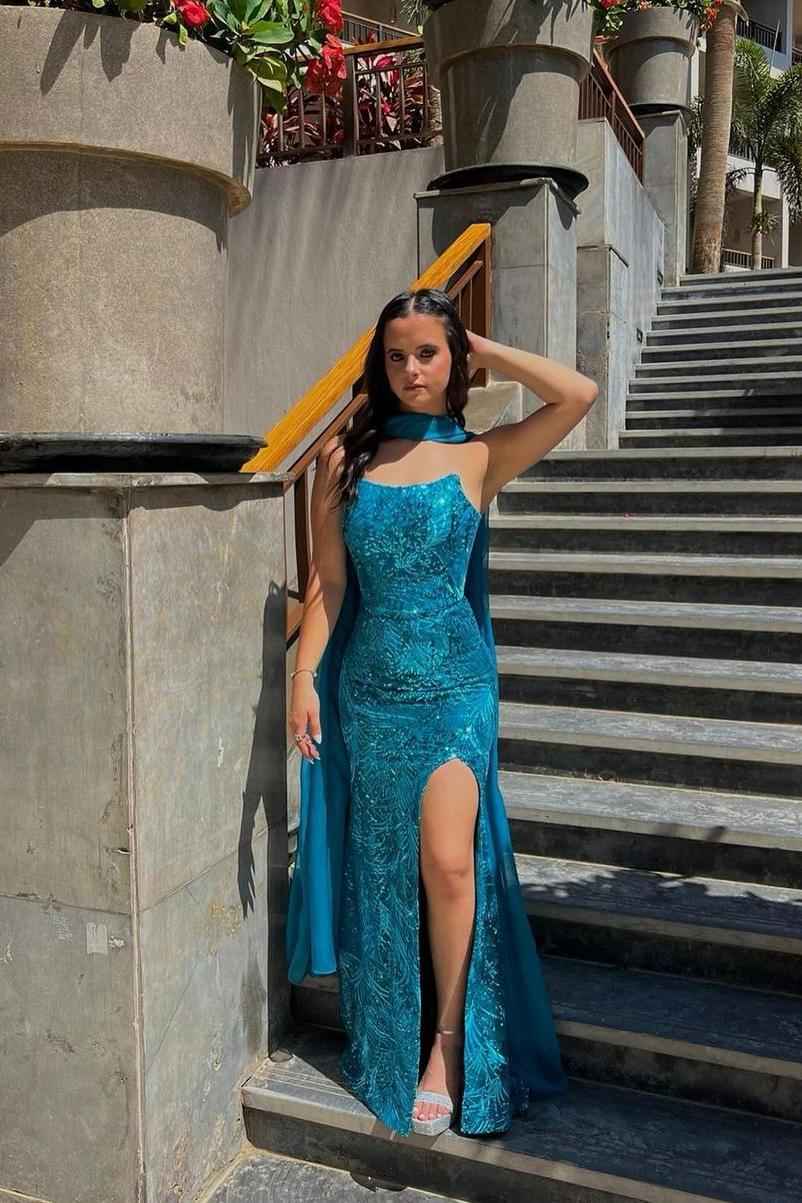 Charming Blue Strapless Sleeveless Pleated Long Prom Dress With Front Split
