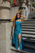 Charming Blue Strapless Sleeveless Pleated Long Prom Dress With Front Split